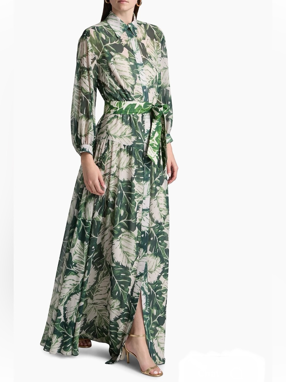 TERI JON Chiffon Drop Waist Leaf Print Shirt Gown